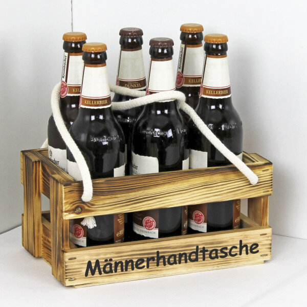 Männerhandtasche aus Holz Geflammt - Bierträger Flaschenträger Getränketräger Geschenk
