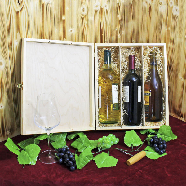 Weinkiste Klappdeckel Verschluß Holzwolle Teiler 3 Flaschen 36x30,6x11,5cm - Holzkiste Weinbox Weinverpackung Kiste Deckel