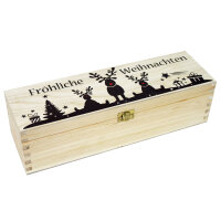1er Weinkiste aus Holz mit Klappverschluss und Aufdruck Weihnachten und optional Holzwolle