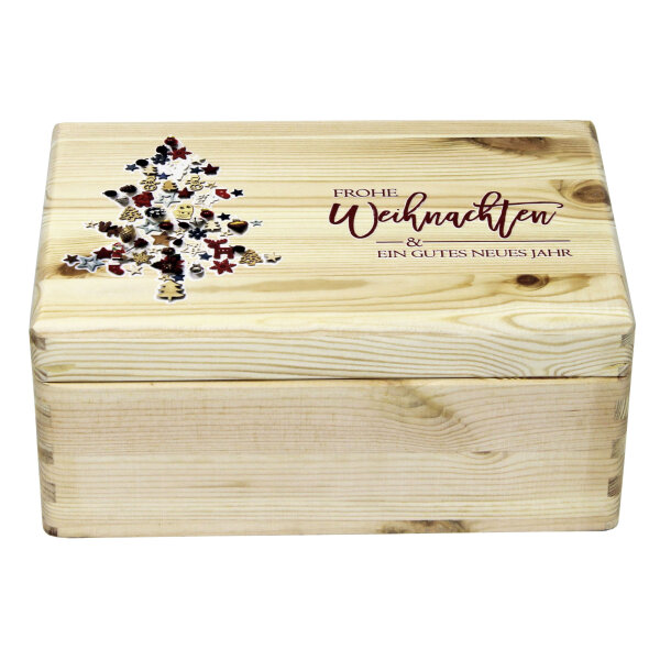 Holzkiste Geschenkbox mit Klappdeckel und Aufdruck Weihnachten