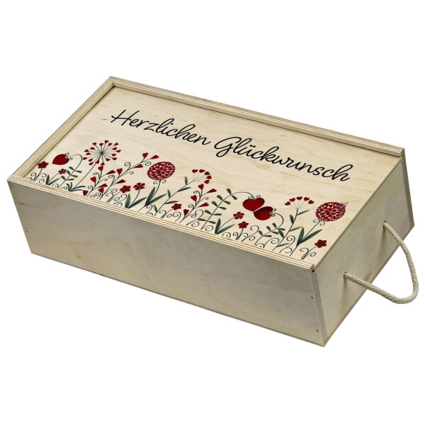 Geschenkbox mit Schiebedeckel und Aufdruck "Herzlichen Glückwunsch" mit Holzwolle