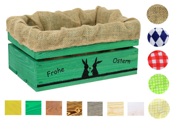 Holzkiste mit Aufdruck Frohe Ostern Hasenpärchen - Osterkiste Geschenkverpackung Präsentkorb